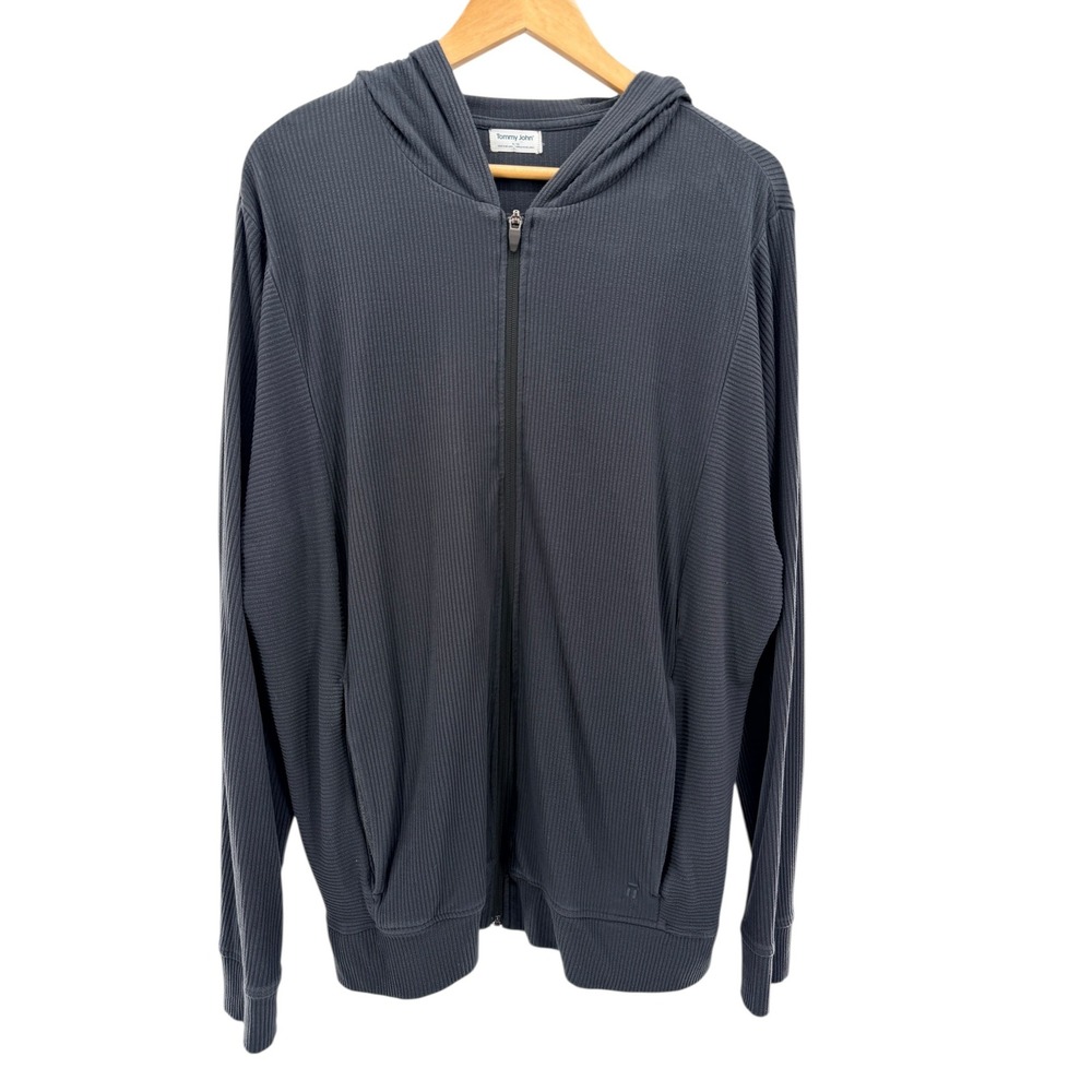 Tommy John Men's Ribbed Full Zip Hoodie Jacket Dark Gray Athletic Lounge Size XL